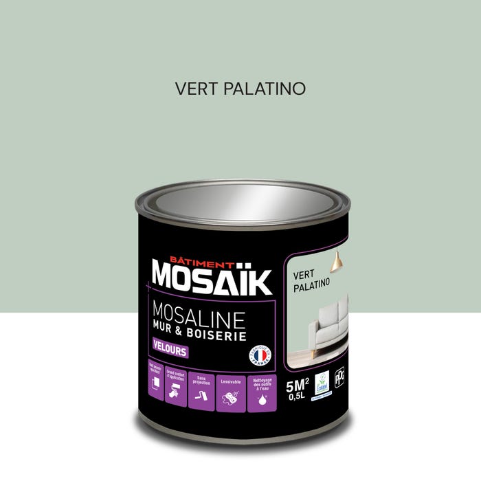 Peinture intérieure multi support acrylique velours vert palatino 0,5 L Mosaline - MOSAIK