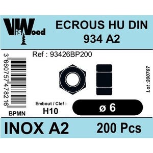 Écrous hexagonaux DIN934 inox A2 M6 200 pièces - VISWOOD