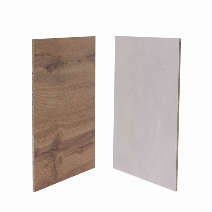Crédence stratifié effet bois de chêne/marbre blanc L.301,50 x l.63 cm ép.10 mm