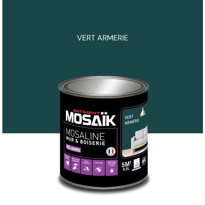 Peinture intérieure multi support acrylique velours vert armerie 0,5 L Mosaline - MOSAIK
