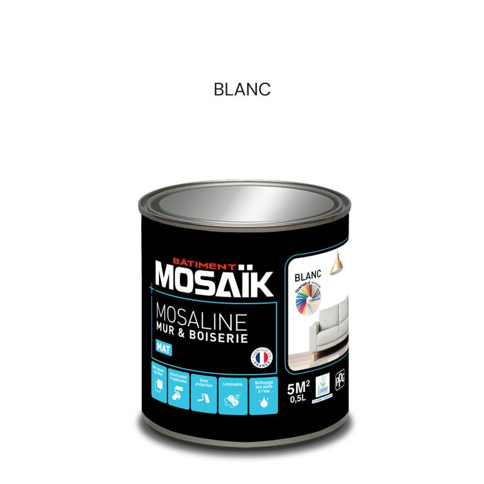 Peinture intérieure multi support acrylique mat blanc 0,5 L Mosaline - MOSAIK