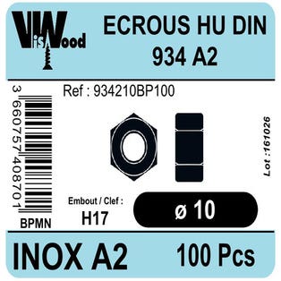Écrous inox A2 Diam.10 mm 100 pièces - VISWOOD