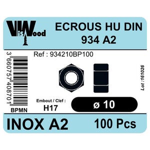 Écrous inox A2 Diam.10 mm 100 pièces - VISWOOD