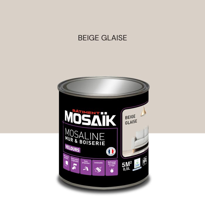 Peinture intérieure multi support acrylique velours beige glaise 0,5 L Mosaline - MOSAIK