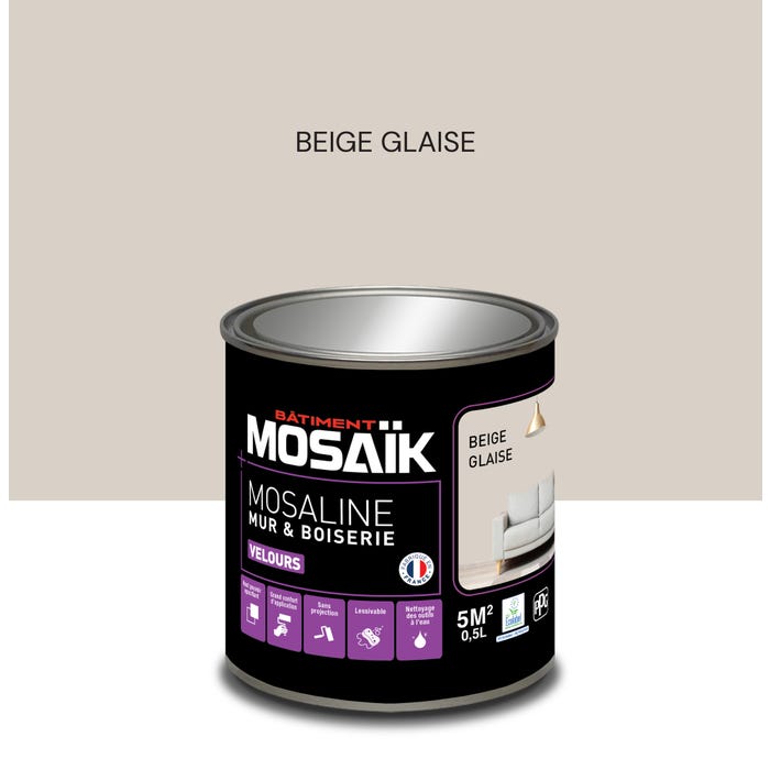 Peinture intérieure multi support acrylique velours beige glaise 0,5 L Mosaline - MOSAIK