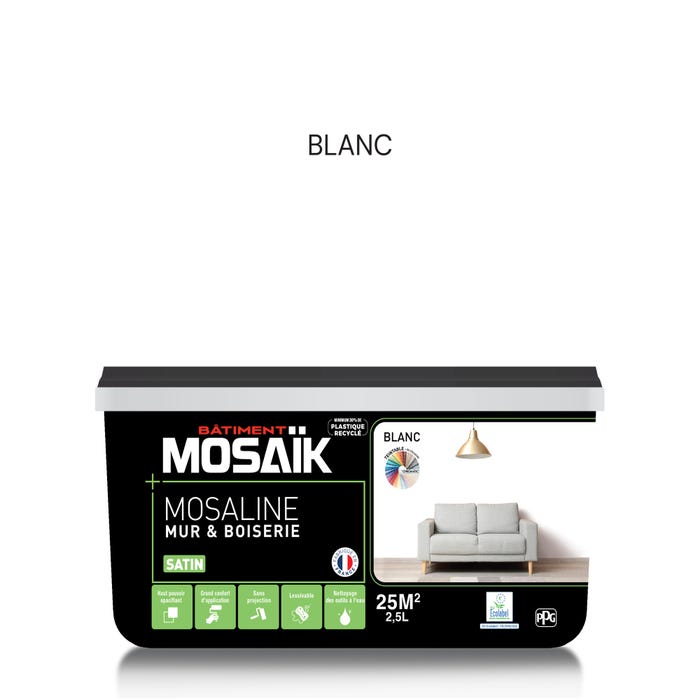 Peinture intérieure multi support acrylique satin blanc 2,5 L Mosaline - MOSAIK