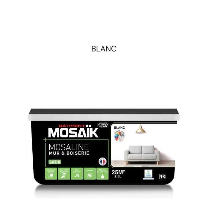 Peinture intérieure multi support acrylique satin blanc 2,5 L Mosaline - MOSAIK