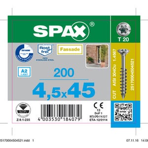 Vis de façade empreinte Torx 4,5 x 45 mm 200 pièces Acier inoxydable - SPAX