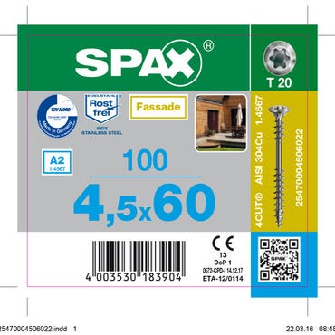 Vis de façade inox A2 empreinte Torx 4,5 x 60 mm 100 pièces - SPAX