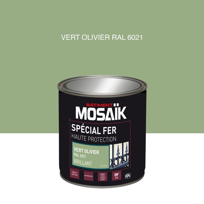 Peinture fer glycéro anti-rouille brillant vert olive RAL6021 0,5 L - MOSAÏK