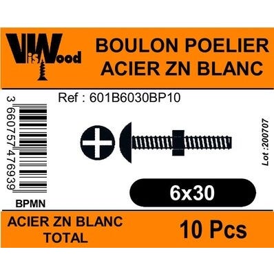 Boulon poêlier zingué 6 x 30 mm 10 pièces - VISWOOD