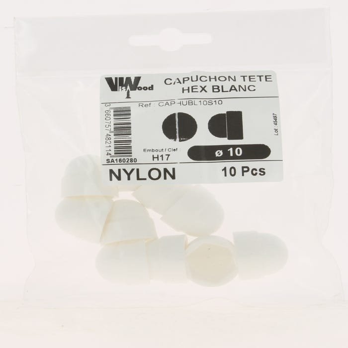 Cache ecrou hexa nylon blanc m10 x10 - VISWOOD