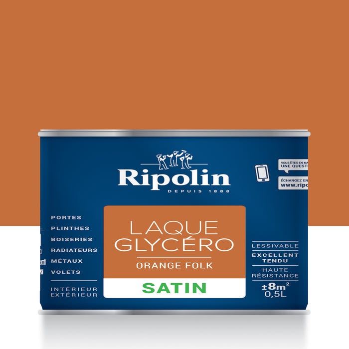 Peinture intérieure et extérieure multi-supports glycéro satin orange flok 0,5 L - RIPOLIN 