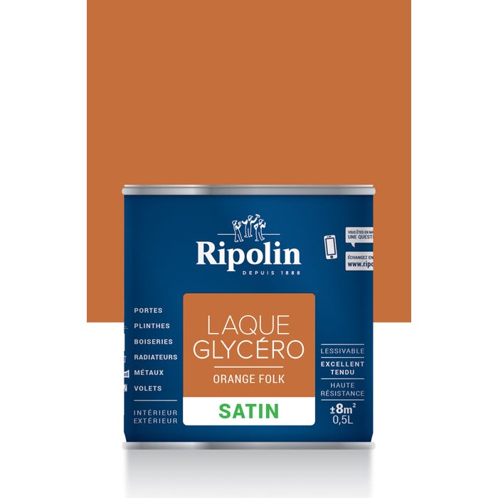 Peinture intérieure et extérieure multi-supports glycéro satin orange flok 0,5 L - RIPOLIN 