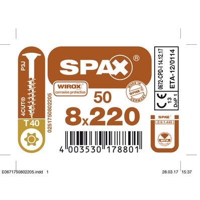 Vis HI Force empreinte Torx 8 x 220 mm 50 pièces - SPAX