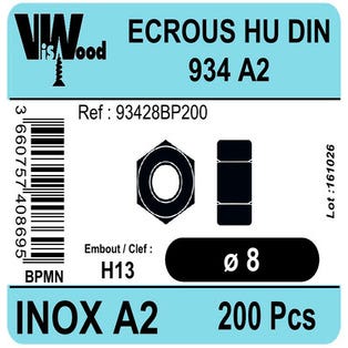 Écrous inox A2 Diam.8 mm 200 pièces - VISWOOD