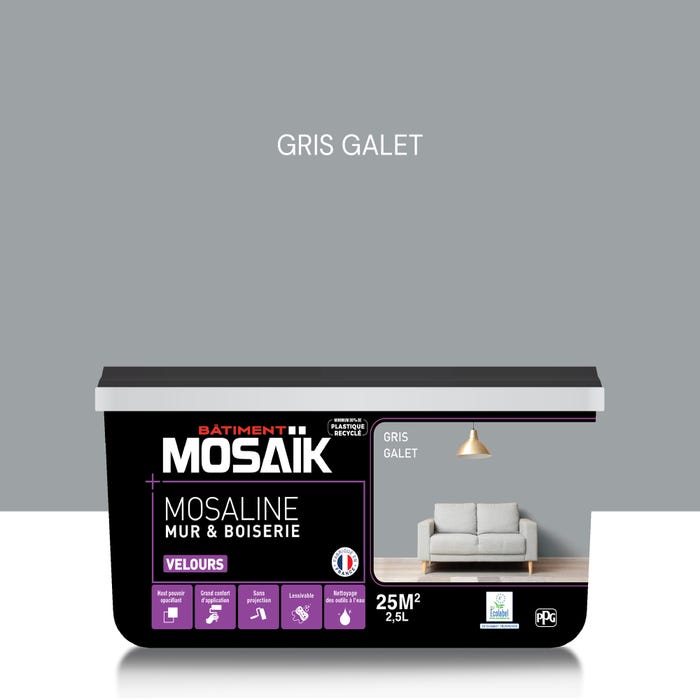 Peinture intérieure multi support acrylique velours gris galet 2,5 L Mosaline - MOSAIK