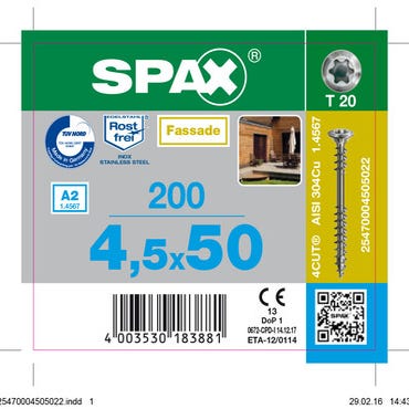 Vis de façade inox A2 empreinte Torx 4,5 x 50 mm 200 pièces - SPAX