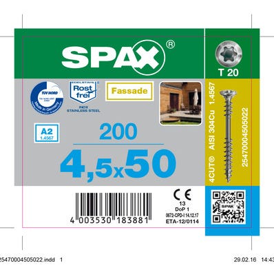 Vis de façade inox A2 empreinte Torx 4,5 x 50 mm 200 pièces - SPAX