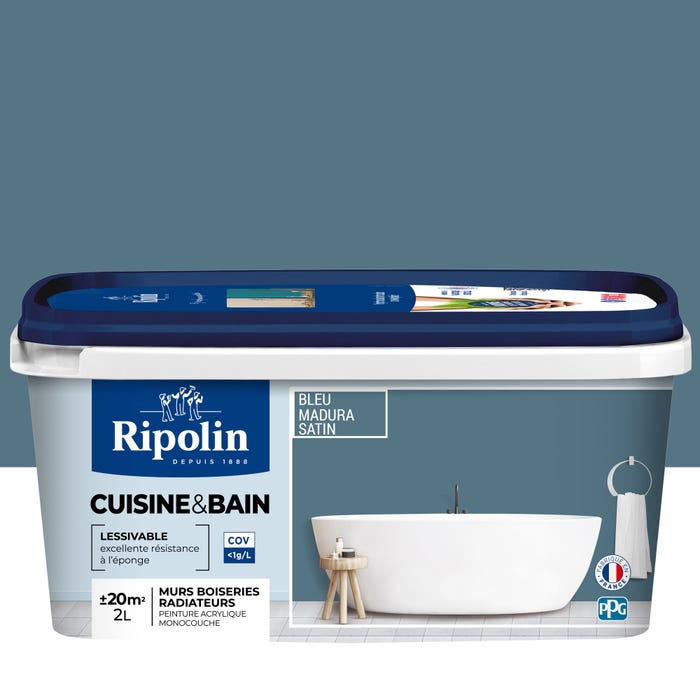 Peinture intérieure multi-supports acrylique satin bleu madura 2 L Cuisine & bain - RIPOLIN