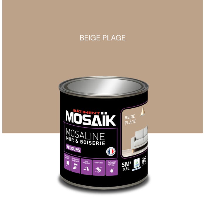 Peinture intérieure multi support acrylique velours beige plage 0,5 L Mosaline - MOSAIK