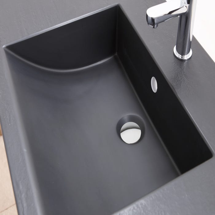 Ensemble meuble de salle de bain sur pieds 2 tiroirs aspect chêne l.90 x P.50 x H.87 cm + simple vasque noire + miroir - ERWAN