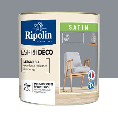 Peinture intérieure multi-supports acrylique satin gris zinc 0,5 L Esprit déco - RIPOLIN