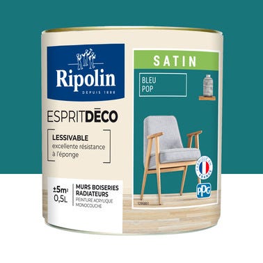 Peinture intérieure multi-supports acrylique satin bleu pop 0,5 L Esprit déco - RIPOLIN