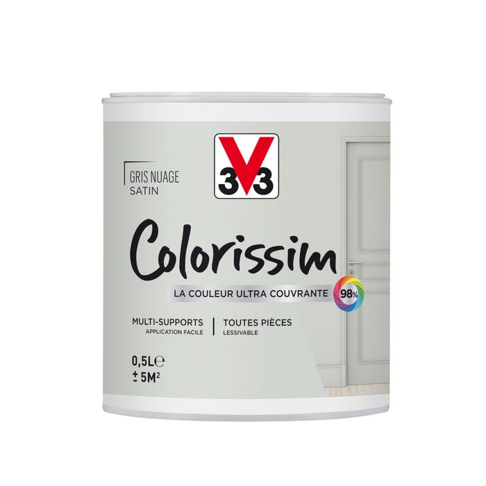 Peinture intérieure multi-supports acrylique satin gris nuage 0,5 L - V33 COLORISSIM
