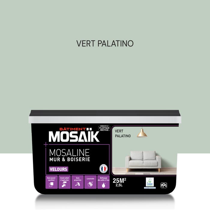 Peinture intérieure multi support acrylique velours vert palatino 2,5 L Mosaline - MOSAIK