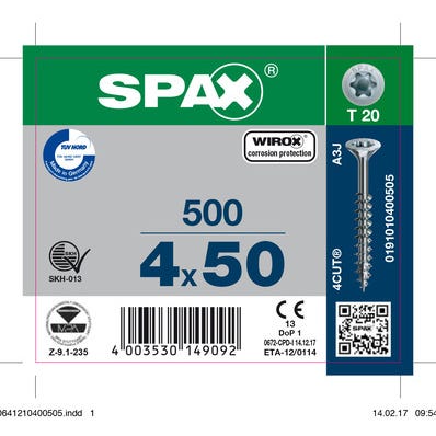 Vis bois agglo empreinte Torx 4 x 50 mm 500 pièces - SPAX