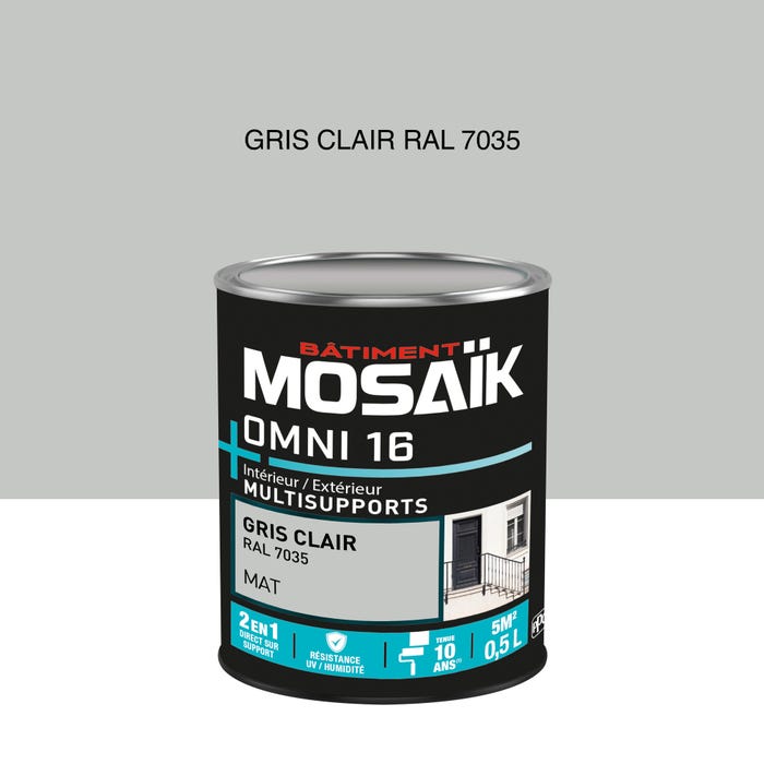 Peinture 2en1 int./ext. multisupport acrylique mat gris clair RAL7035 0,5 L OMNI16 - MOSAIK