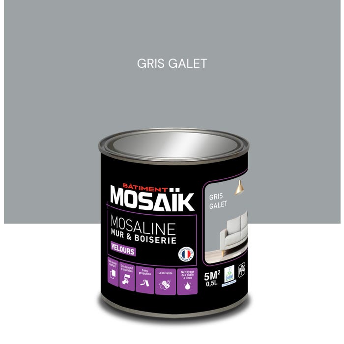 Peinture intérieure multi support acrylique velours gris galet 0,5 L Mosaline - MOSAIK