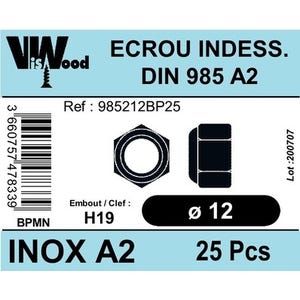 Écrous frein DIN985 inox A2 Diam.12 mm 25 pièces - VISWOOD