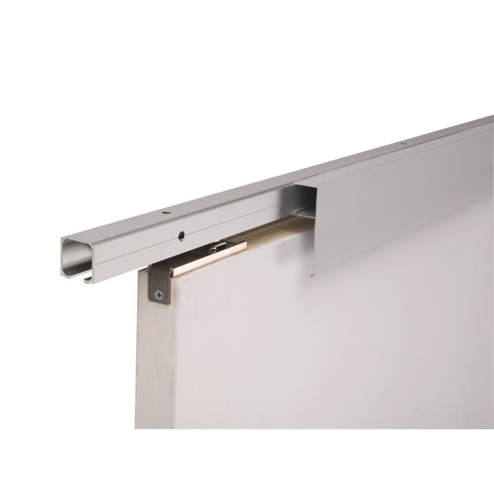 Rail pour porte coulissante Larg.93 cm maximum en applique aluminium blanc avec habillage et amortisseur