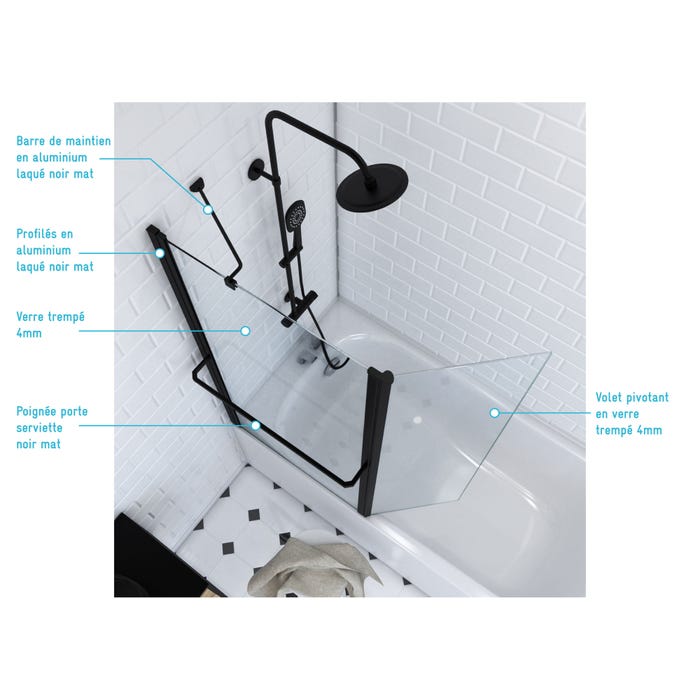 Pare-baignoire verre transparent noir mat L.105 x H.130 cm Ibiza