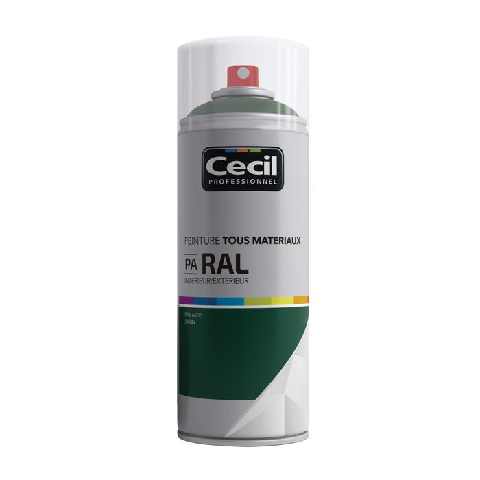 Peinture aérosol tous matériaux int/ext satin vert normand RAL6005 400 ml - CECIL PRO