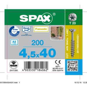 Vis de façade empreinte Torx 4,5 x 40 mm 200 pièces Acier inoxydable - SPAX