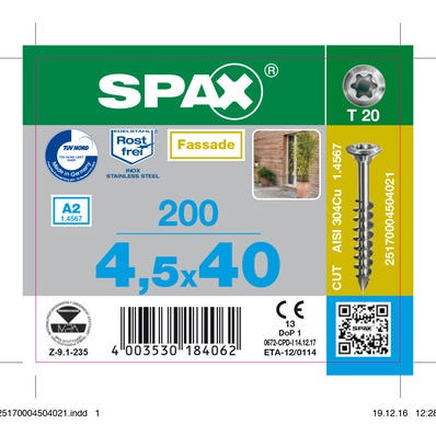 Vis de façade empreinte Torx 4,5 x 40 mm 200 pièces Acier inoxydable - SPAX