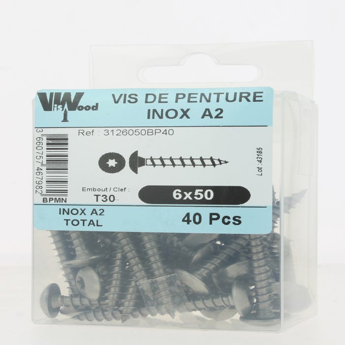 Vis à penture inox A2 empreinte Torx 6 x 50 mm 40 pièces - VISWOOD
