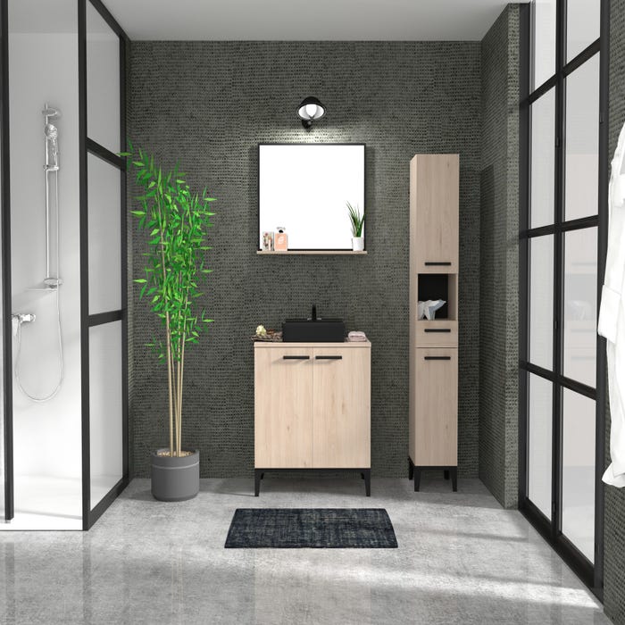 Ensemble meuble de salle de bain sur pieds 2 portes aspect chêne l.80 x P.46 x H.78 cm  + miroir - BROOKLYN