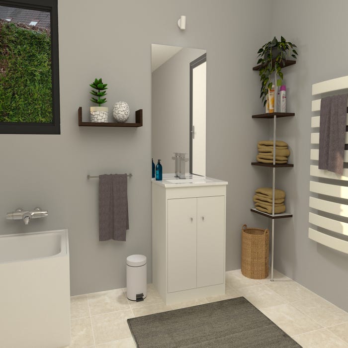 Ensemble meuble de salle de bain sur pieds 2 portes Blanc l.100 x P.45 x H.80 cm + simple vasque blanche + miroir - ABBY