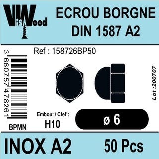 Écrous borgne DIN1587 inox A2 Diam.6 mm 50 pièces - VISWOOD