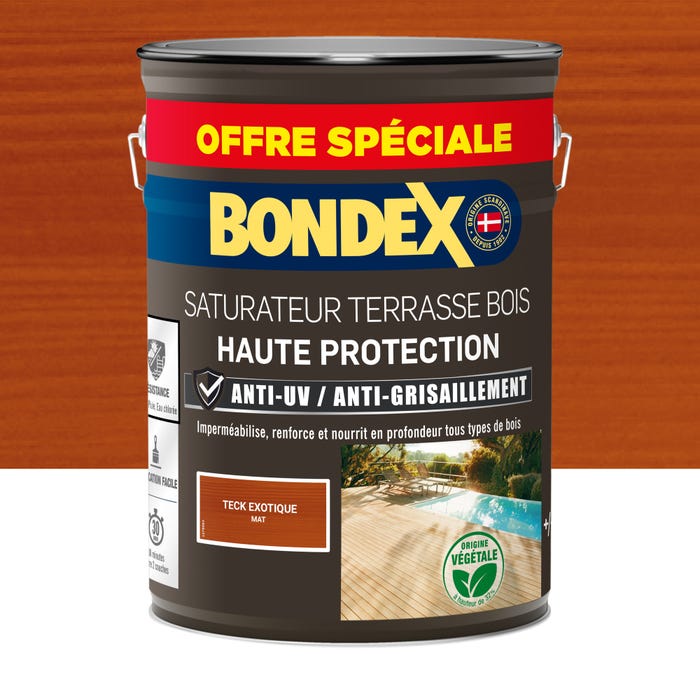 Saturateur terrasse bois anti UV et grisaillement teck exotique 5 L + 20% gratuit - BONDEX