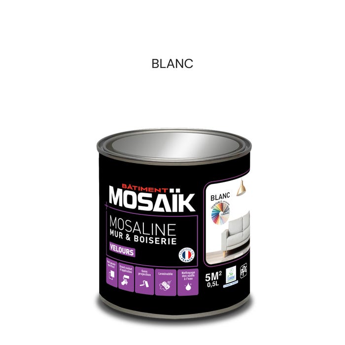 Peinture intérieure multi support acrylique velours blanc 0,5 L Mosaline - MOSAIK