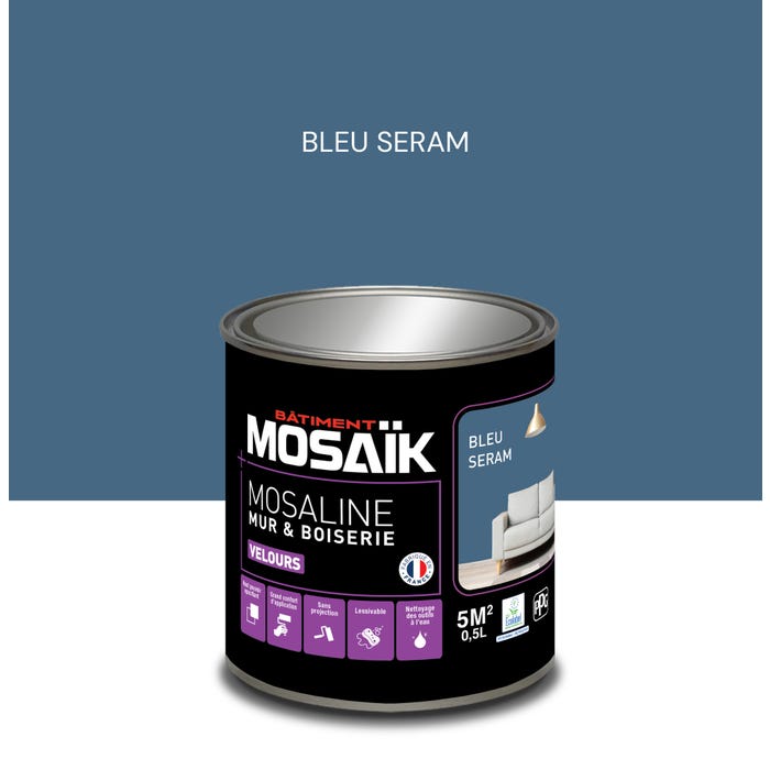 Peinture intérieure multi support acrylique velours bleu seram 0,5 L Mosaline - MOSAIK