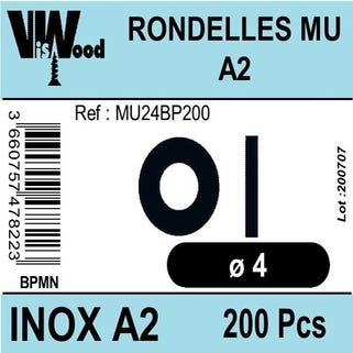 Lot de 200 rondelles moyennes inox A2 D.4 x 10 mm - VISWOOD