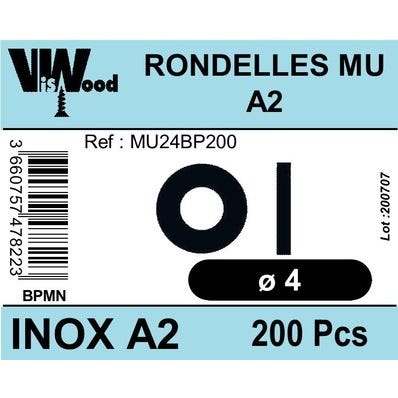 Lot de 200 rondelles moyennes inox A2 D.4 x 10 mm - VISWOOD