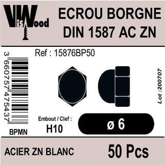 Écrous borgne DIN1587 acier zingué M6 50 pièces - VISWOOD
