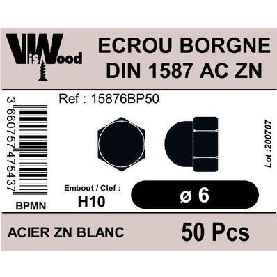 Écrous borgne DIN1587 acier zingué M6 50 pièces - VISWOOD